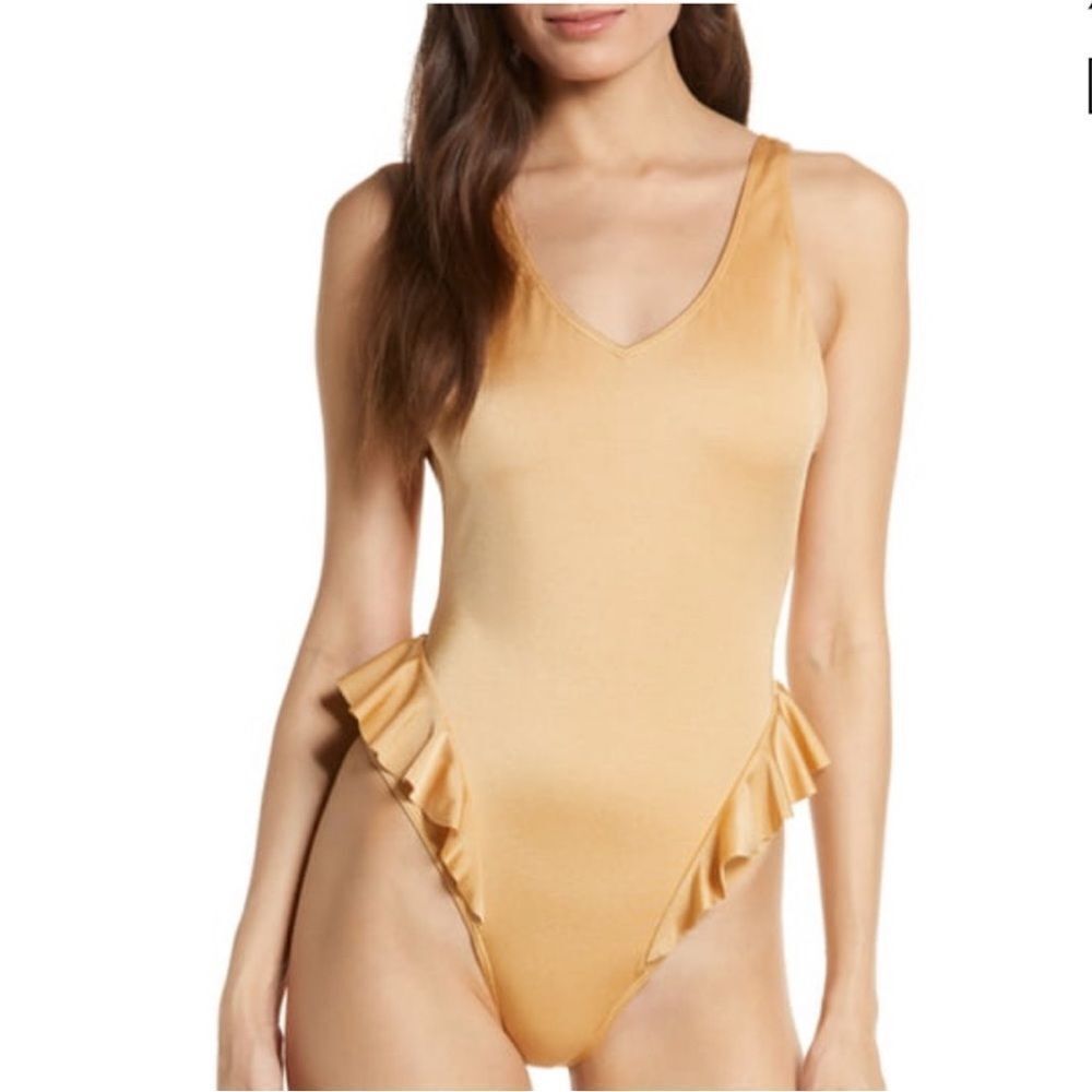 Something Navy Frill One Piece Swimsuit Beige Crystal Metallic Ruffles Size S